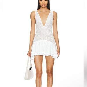White V-Neck Mini Dress with Lace Detail